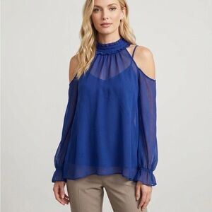 Likely Royal Blue Cold-Shoulder Ruffle High Neck Blouse XS NWT